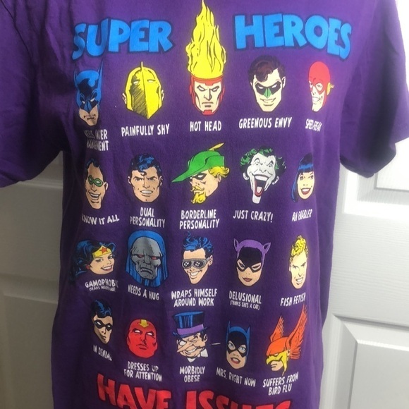 Super Heroes Issues Purple T Shirt M Faces Marvel Joker Batman - Picture 2 of 5